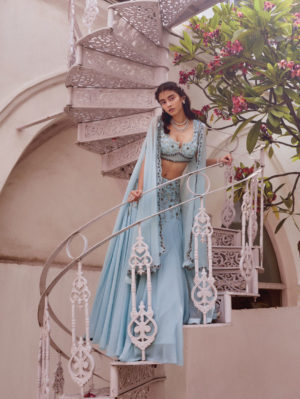 Sanya Gulati - Ice blue Embroidered Lehenga Blouse with Cape - Image 4