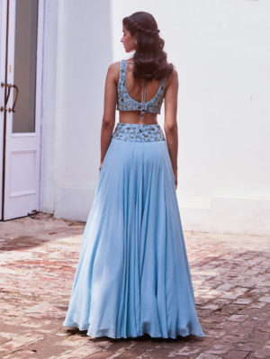 Sanya Gulati - Ice blue Embroidered Lehenga Blouse with Cape - Image 5