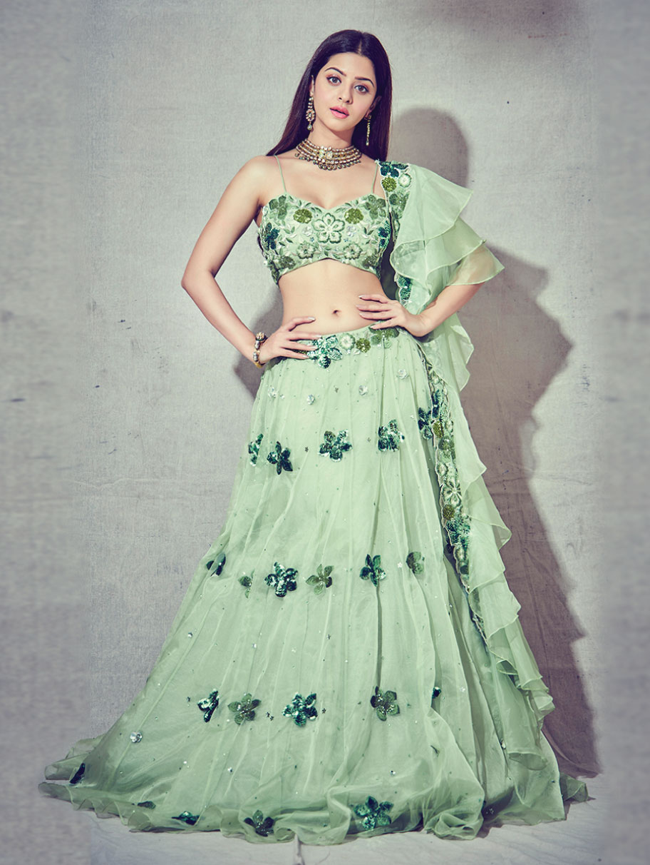 SILKY BINDRA - GREEN EMBROIDERED LEHENGA SET - Nikaza Asian Couture