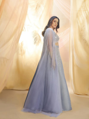 PINK PEACOCK COUTURE – Lilac Blue drape lehenga - Image 3