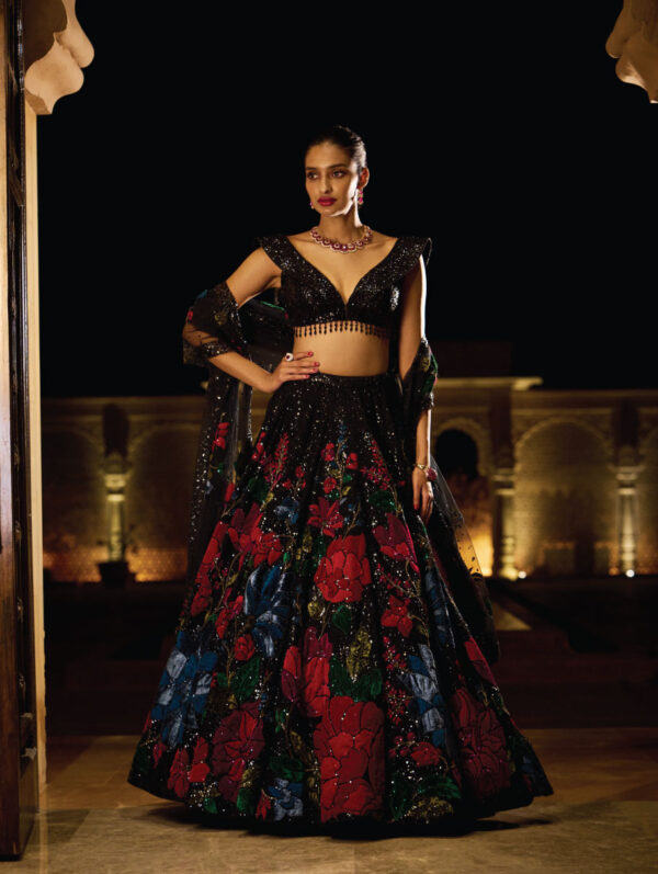 SEEMA GUJRAL – Black Multi-Coloured Lehenga Set