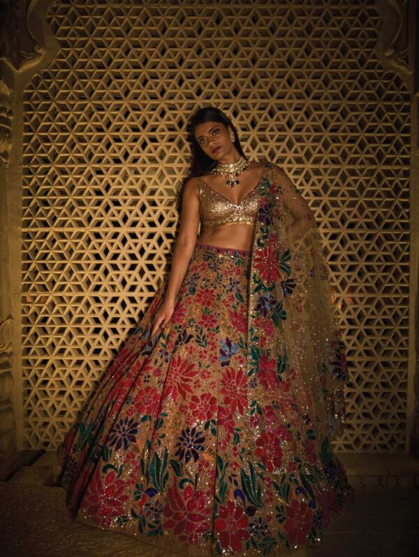 SEEMA GUJRAL – Gold Multi-Coloured Floral Lehenga Set