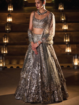 SEEMA GUJRAL – Metallic Grey Lehenga Set - Image 2