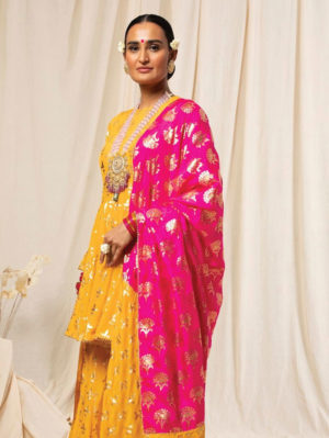 HOUSE OF MASABA - Yellow Triangular Flower Sharara Set - Image 3