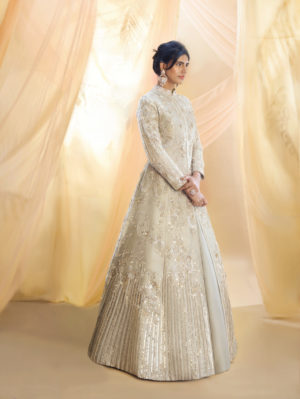 PINK PEACOCK COUTURE – Sage green embroidered jacket with lehenga - Image 3