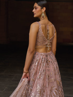 SEEMA GUJRAL –  Metallic Rose Gold Lehenga Set - Image 3