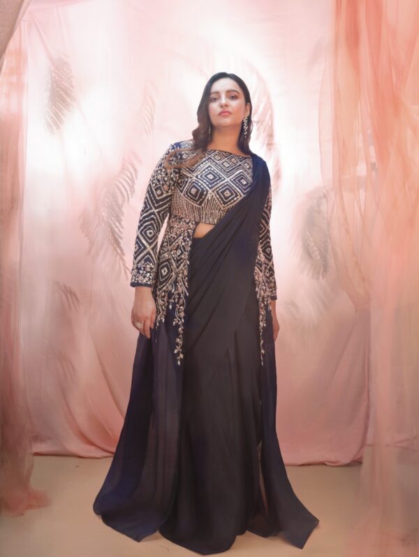 PINK PEACOCK COUTURE – Navy Blue Jacket Saree set