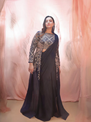 PINK PEACOCK COUTURE – Navy Blue Jacket Saree set - Image 3