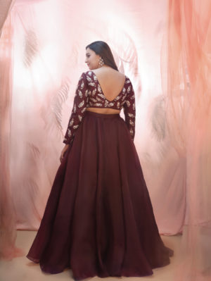 PINK PEACOCK COUTURE – Wine lehenga with a embroidered blouse - Image 3