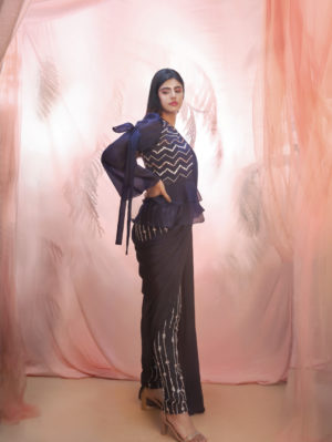 PINK PEACOCK COUTURE – Navy Blue short jacket saree set - Image 2