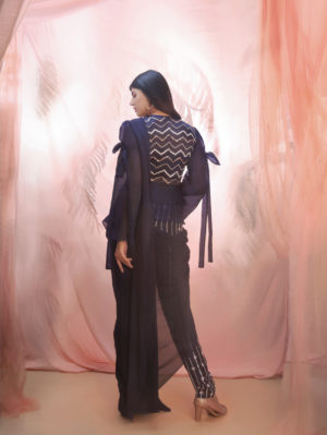 PINK PEACOCK COUTURE – Navy Blue short jacket saree set - Image 3