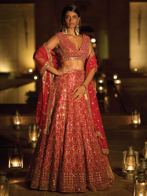 SEEMA GUJRAL – Red Mirror Work Lehenga Set