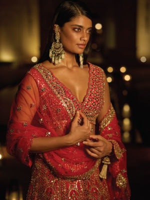 SEEMA GUJRAL – Red Mirror Work Lehenga Set - Image 2