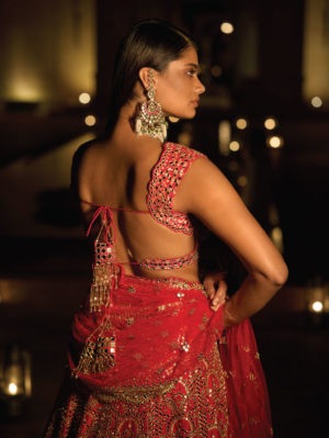 SEEMA GUJRAL – Red Mirror Work Lehenga Set - Image 3