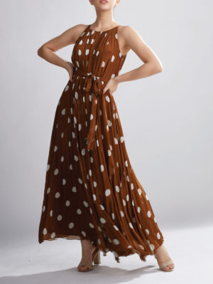 KOAI – BROWN AND CREAM POLKA PLEATED DRESS - Image 4