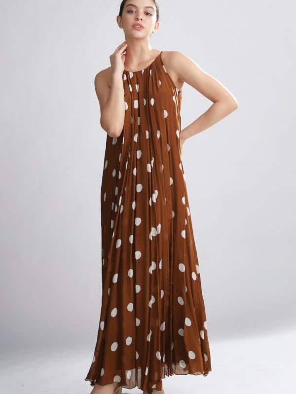 KOAI – BROWN AND CREAM POLKA PLEATED DRESS