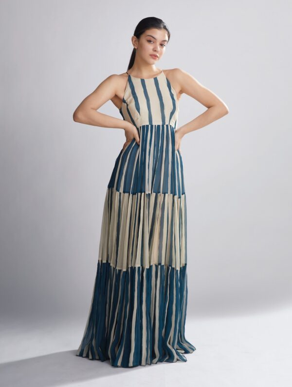 KOAI – TEAL AND WHITE STRIPE LONG DRESS