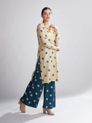 KOAI – CREAM AND TEAL POLKA DOT KURTA - Image 3