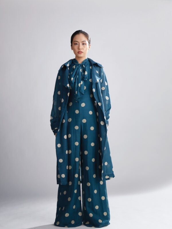 KOAI – TEAL AND CREAM POLKA TRENCH COVER