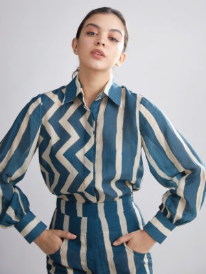 KOAI – TEAL AND CREAM SRIPE ZIG ZAG SHIRT - Image 3