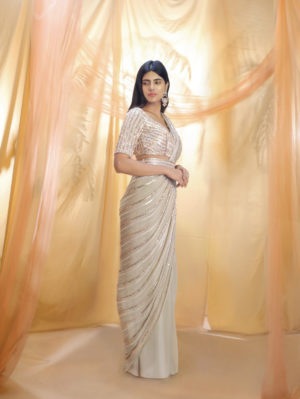 PINK PEACOCK COUTURE – Sage Green saree with Belt - Image 3