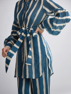 KOAI – TEAL AND CREAM STRIPE LONG SHIRT - Image 4