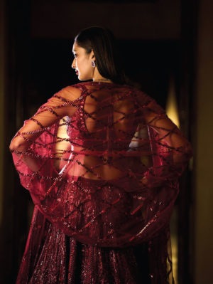 SEEMA GUJRAL – Deep Maroon Sequin Lehenga Set - Image 3