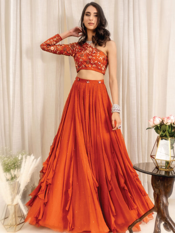 SILKY BINDRA – RUST ORANGE LEHENGA