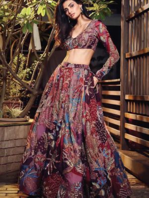 AISHA RAO - Iris blue and plum embellished lehenga set - Image 2