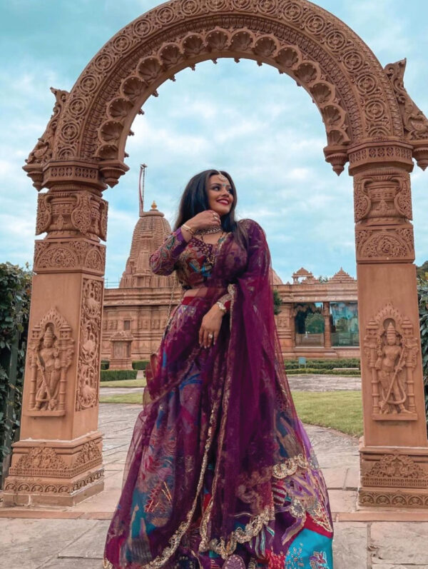 AISHA RAO - Iris blue and plum embellished lehenga set