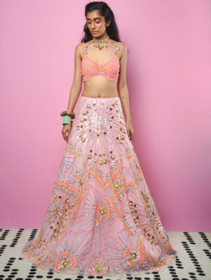 PAPA DON’T PREACH- Asymmetric Pink Lehenga Set - Image 2