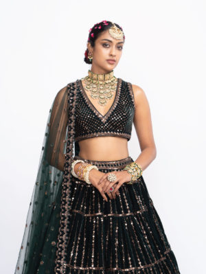 VVANI VATS – Deep green full tier lehenga set - Image 3