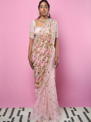 PAPA DON’T PREACH- Pink Saree Set - Image 2
