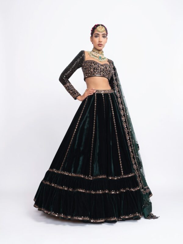 VVANI VATS – Deep green double tier lehenga set