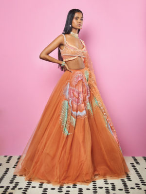 PAPA DON’T PREACH- Brick Brown Butterfly Lehenga Set - Image 2