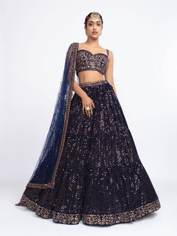 VVANI VATS – Navy blue dense dot corset lehenga set