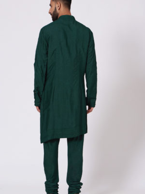 JATIN MALIK – Emerald Green Shoulder buttoned Kurta set - Image 4