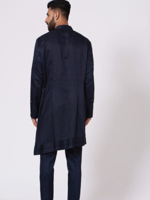 JATIN MALIK – Midnight Blue Shoulder buttoned Kurta set - Image 4