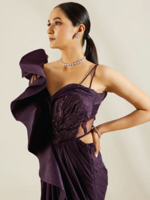 ADAARA COUTURE –  Purple One Off Shoulder Saree Gown - Image 2