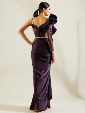 ADAARA COUTURE –  Purple One Off Shoulder Saree Gown - Image 3