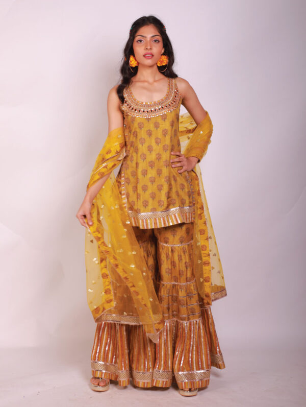GOPI VAID – Marigold Buti Sleevless Sharara Set