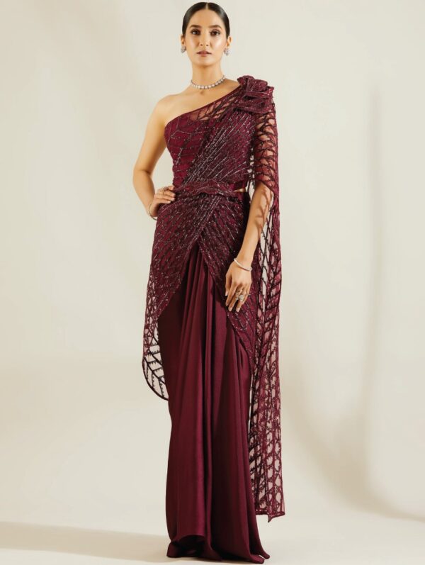 ADAARA COUTURE – wine heavy crystal drape saree