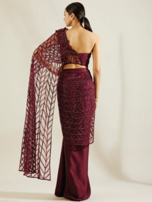 ADAARA COUTURE – wine heavy crystal drape saree - Image 3