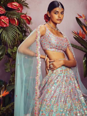 ANEESH AGARWAAL – Mint heart motif lehenga set - Image 3