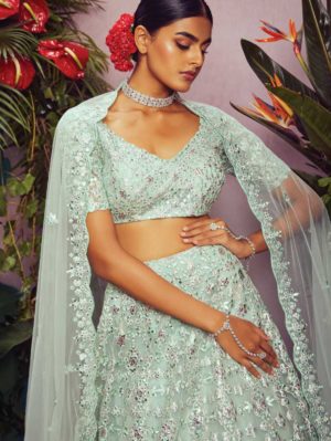 ANEESH AGARWAAL – Mint green foil applique net lehenga - Image 3