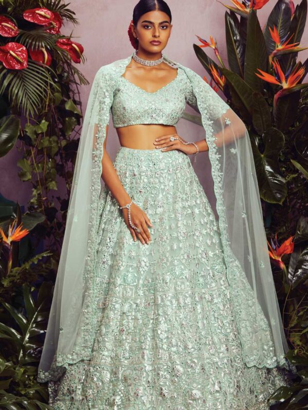 ANEESH AGARWAAL – Mint green foil applique net lehenga