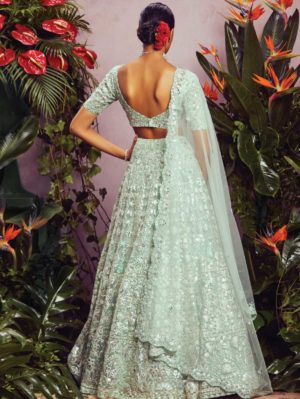 ANEESH AGARWAAL – Mint green foil applique net lehenga - Image 2