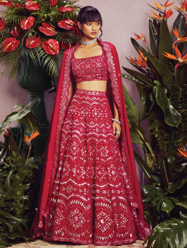 Aneesh Agarwaal - Ruby mirror and foil applique lehenga
