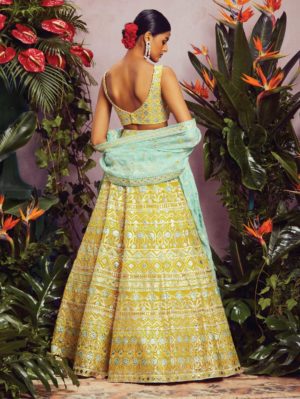 ANEESH AGARWAAL – Yellow-mint gota mirror lehenga set - Image 2
