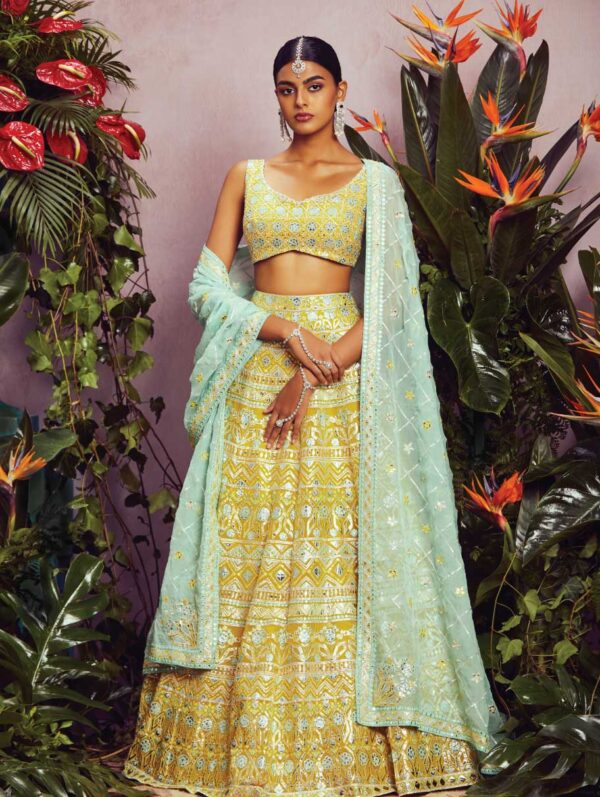 ANEESH AGARWAAL – Yellow-mint gota mirror lehenga set